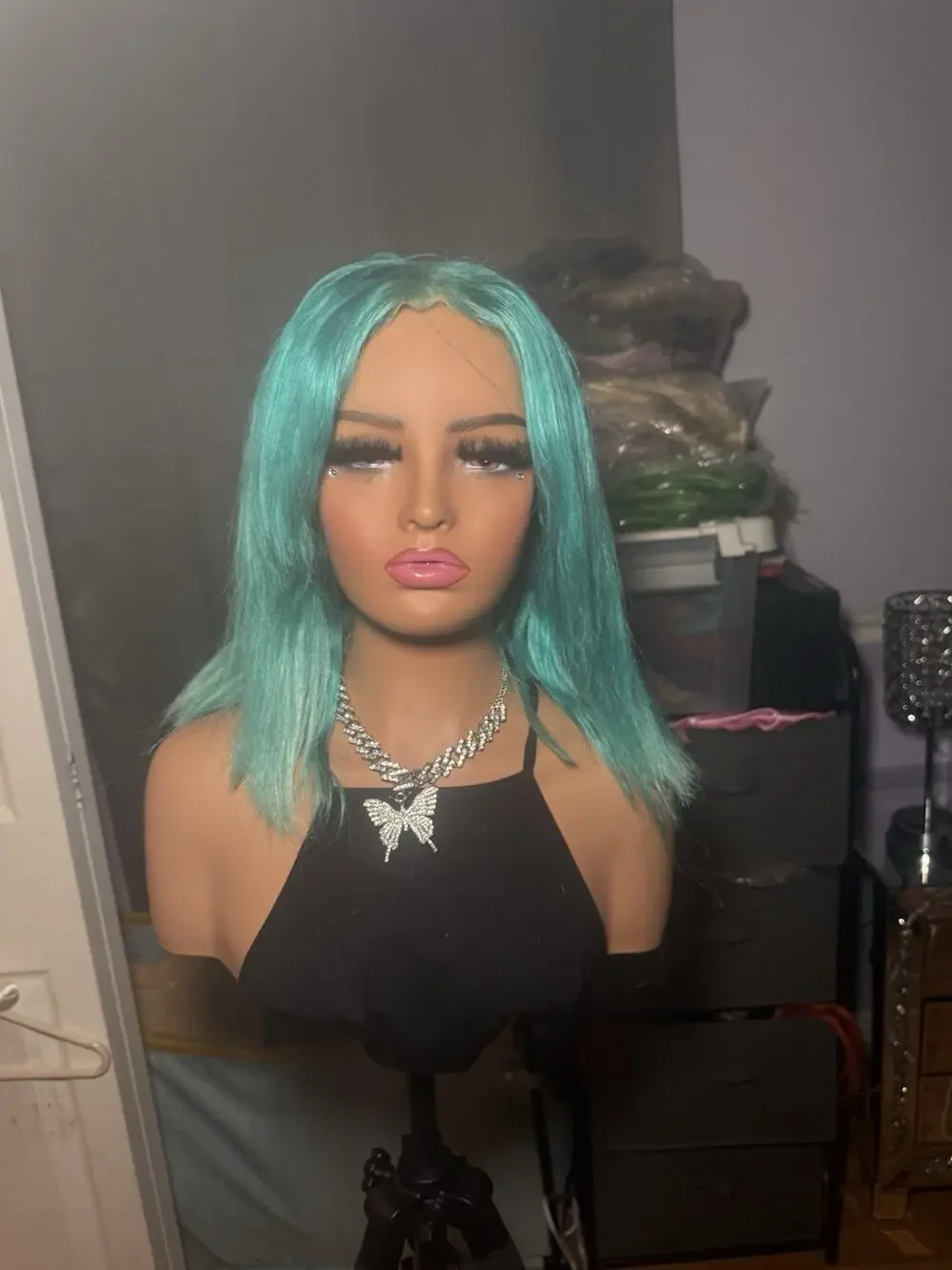 Human Hair Wig 13x4 Lace Front Aqua Blue Bob